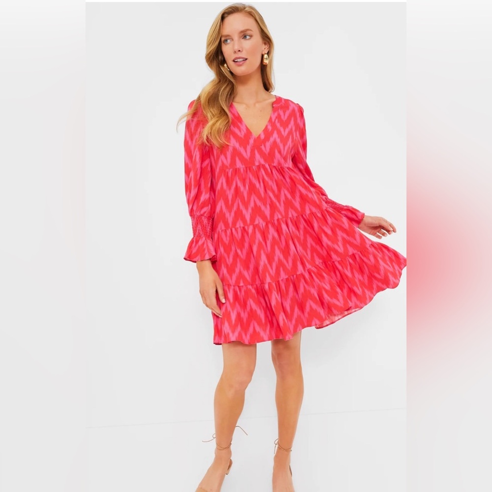 Pomander Place Hot Pink Kenzo Ikat Print V-neck Tiered Long Sleeve Dress XL Boho